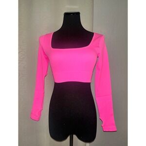 Lot of 2 Ribbed Long Sleeve Crop Tops Pink & Off White Square Neck Thumbhole- S